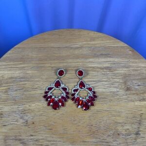 Ruby Red Rhinestone Chandelier Drop Earrings 3" Formal Romantic Feminine